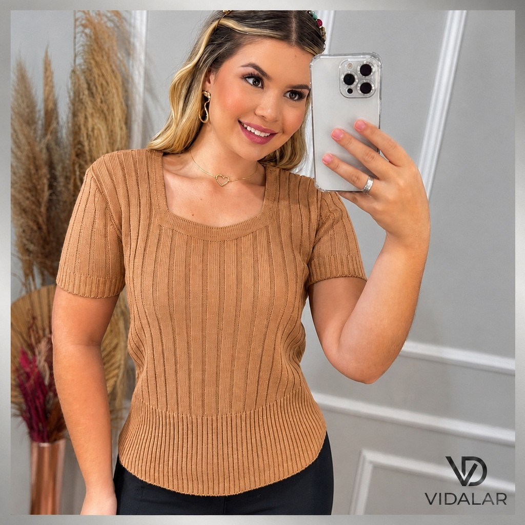 Blusa Feminina Tricot Canelada Manga Curta Decote Quadrado Tendência