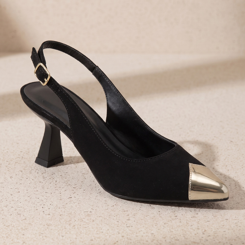 Scarpin Slingback Feminino Macerata Salto Taça 6 cm Bico Fino com Ponteira Dourada Ref: 1503