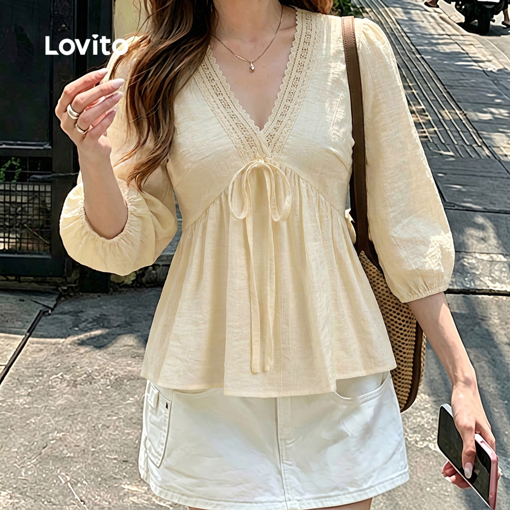 Lovito Blusa Casual com Design de Amarração em Renda Estilo Resort Cor Damasco Feminina Bordado BLK8TD257 · foto 2