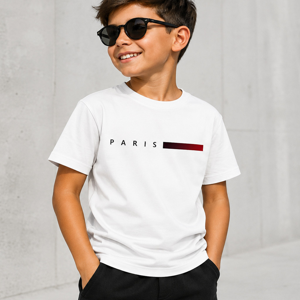 Camiseta Infantil Paris Casual Estampada Manga Curta Menino Algodão Macio Camisa Estiloso Unissex