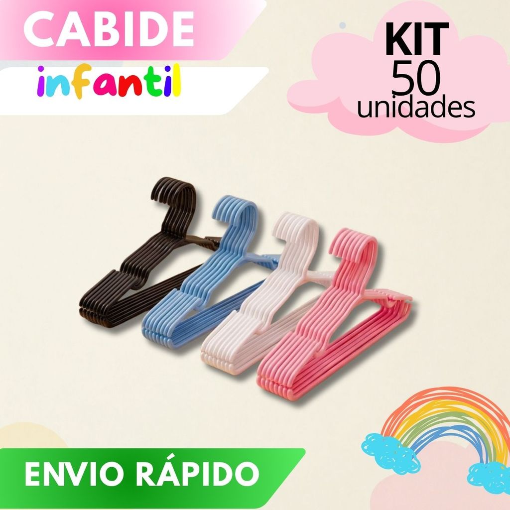 Kit 50 Cabides Infantil Bebê Baby Reforçado Rosa Azul Branco Plástico Cruzeta Roupa Resistente