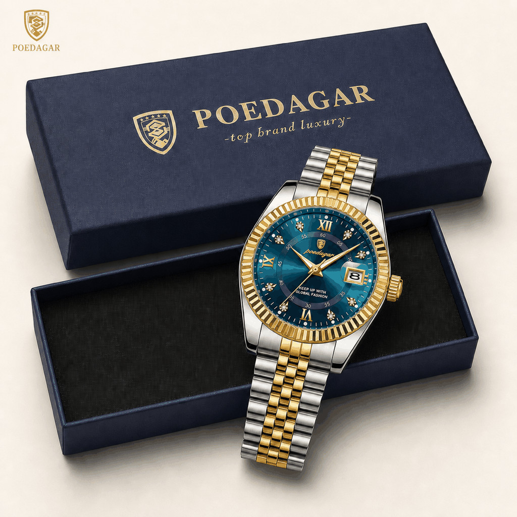 POEDAGAR 910 Relógio Masculino Azul Dourado Clássico Quartzo Data Ampliada Pulseira Bicolor 30M