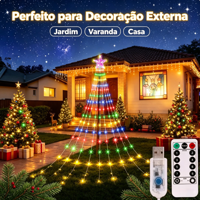 Luz Cascata USB Estrela Topo 9 Fileiras Controle Remoto, Luz Colorida e Quente Decoração Natal Interna Externa