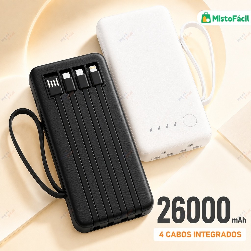 Power Bank 26000mAh Alta Capacidade Carregador Rápido 4 Cabos USB Integrados para Celular Trabalho Viagem