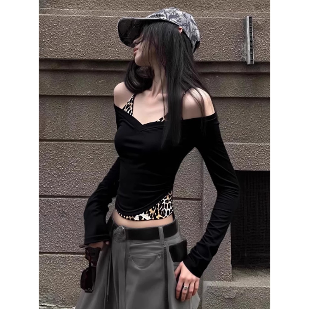 Americano quente menina leopardo impressão falso de duas peças de manga comprida camiseta feminina primavera Design fino