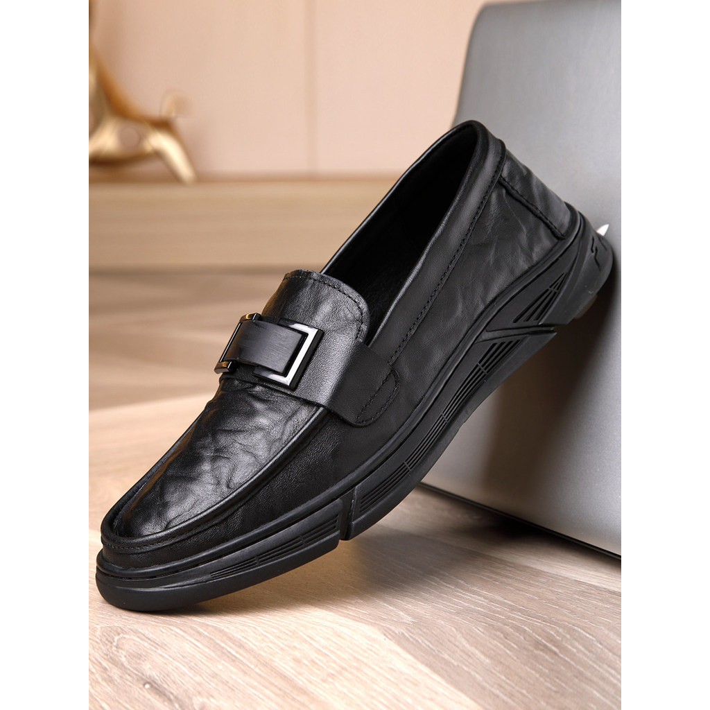 Sapatos de couro casuais masculinos deslizamento-em sapatos preguiçosos de sola macia 2025 novo estilo outono primeira c