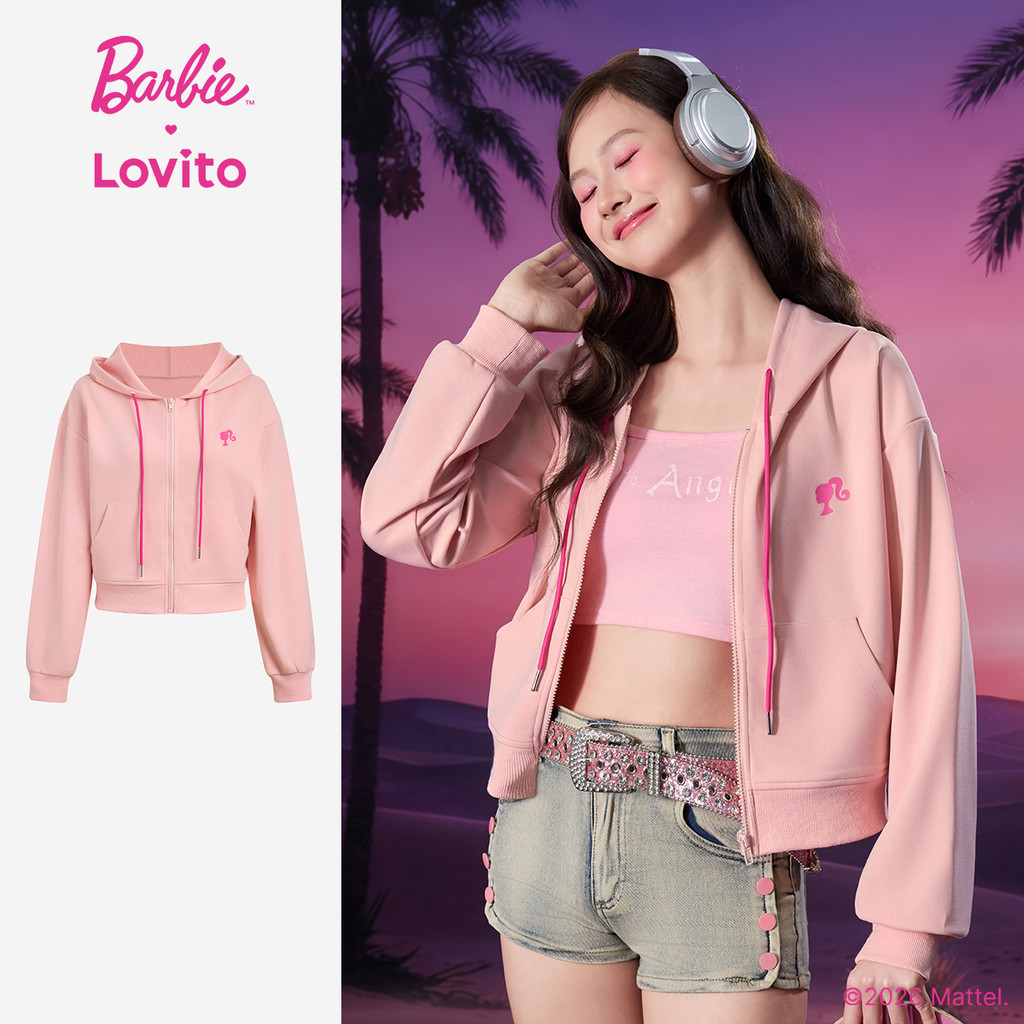 Barbie™ X Lovito Jaqueta Rosa Feminina Outono/Inverno Manga Longa Capuz Bloco De Cor E Zíper Soltinho LBL5AD022
