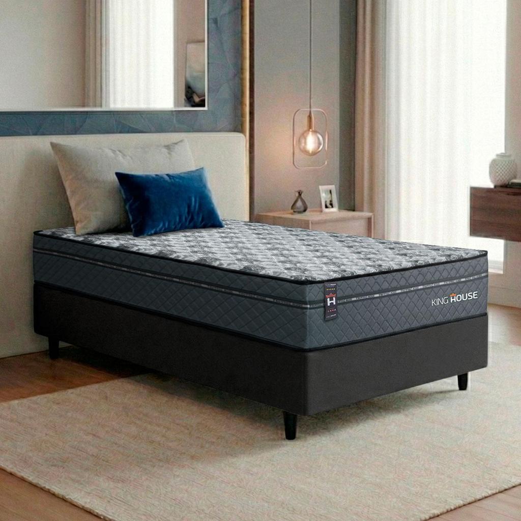 Conjunto Cama Box c/ Molas Ensacadas Montreal Cinza Solteiro 88x188x64