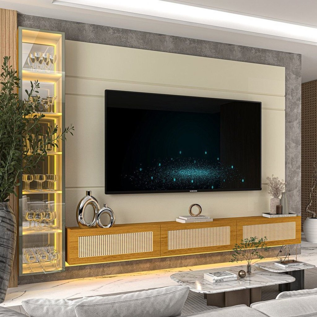 Estante Home para TV até 85 Polegadas com LED Vidro Reflecta e Portas Rattan 100% MDF 217,6CMX255,2cm Luminare Native
