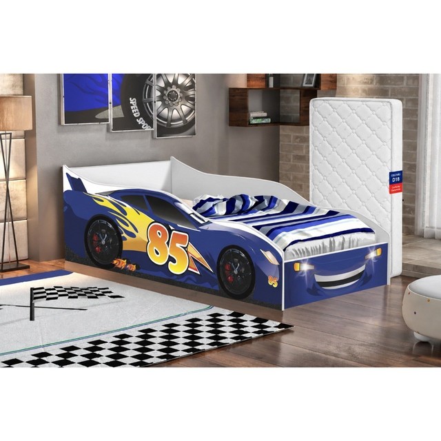 Cama Carro McQueen Infantil Azul com Colchão Incluso MDF Montessoriana Compacta Grade Lateral para Quarto de Criança