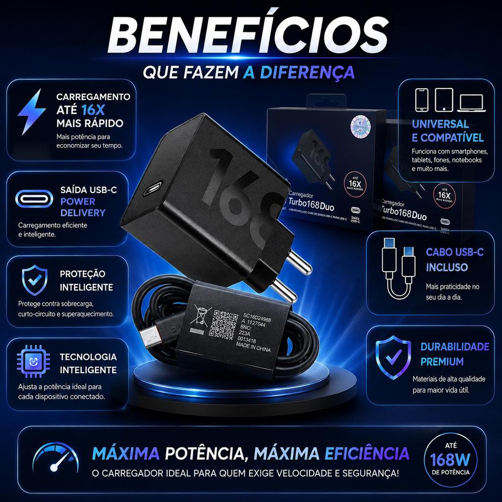 Carregador Turbo 168W Duo USB-C PD Carga Rápida + Cabo USB-C