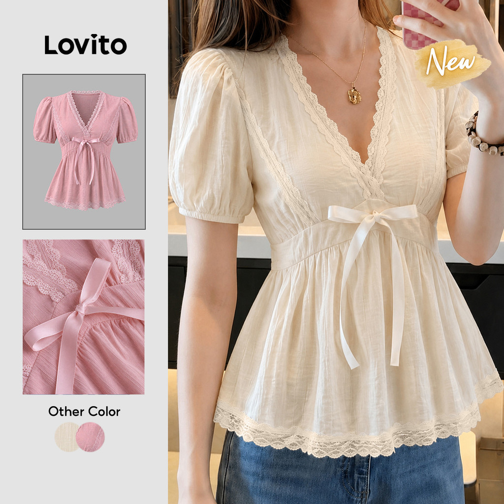 (New Arrival) Lovito Blusa Elegante de Renda com Laço Frontal Textura Primavera/verão Cor Branca Off White para mulheres BLK9P2D387