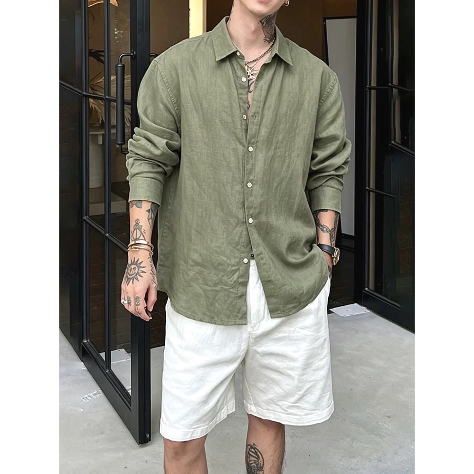 Camisa de linho de algodão lavado verde exército masculino estilo dinheiro antigo estilo fino fino protetor solar de man