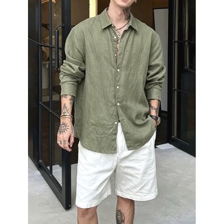 Camisa de linho de algodão lavado verde exército masculino estilo dinheiro antigo estilo fino fino protetor solar de man