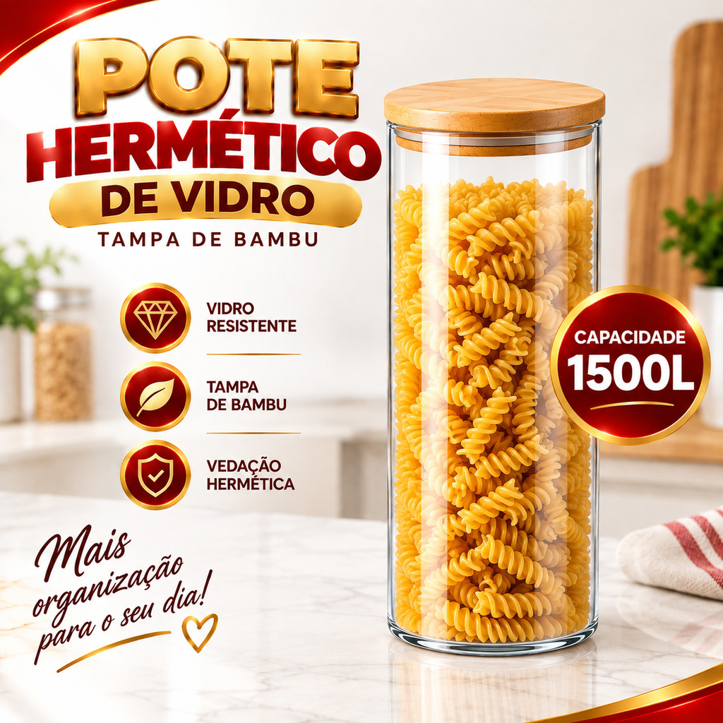 Porta Mantimento De Vidro Hermético Tampa De Bambu - Para Alimentos Temperos Redondo 1500L