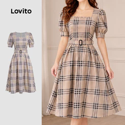 Lovito Vestido Xadrez Elegante Com Cinto Estilo Retro Cáqui Primavera/Verão Para Mulheres DRBR37BR146