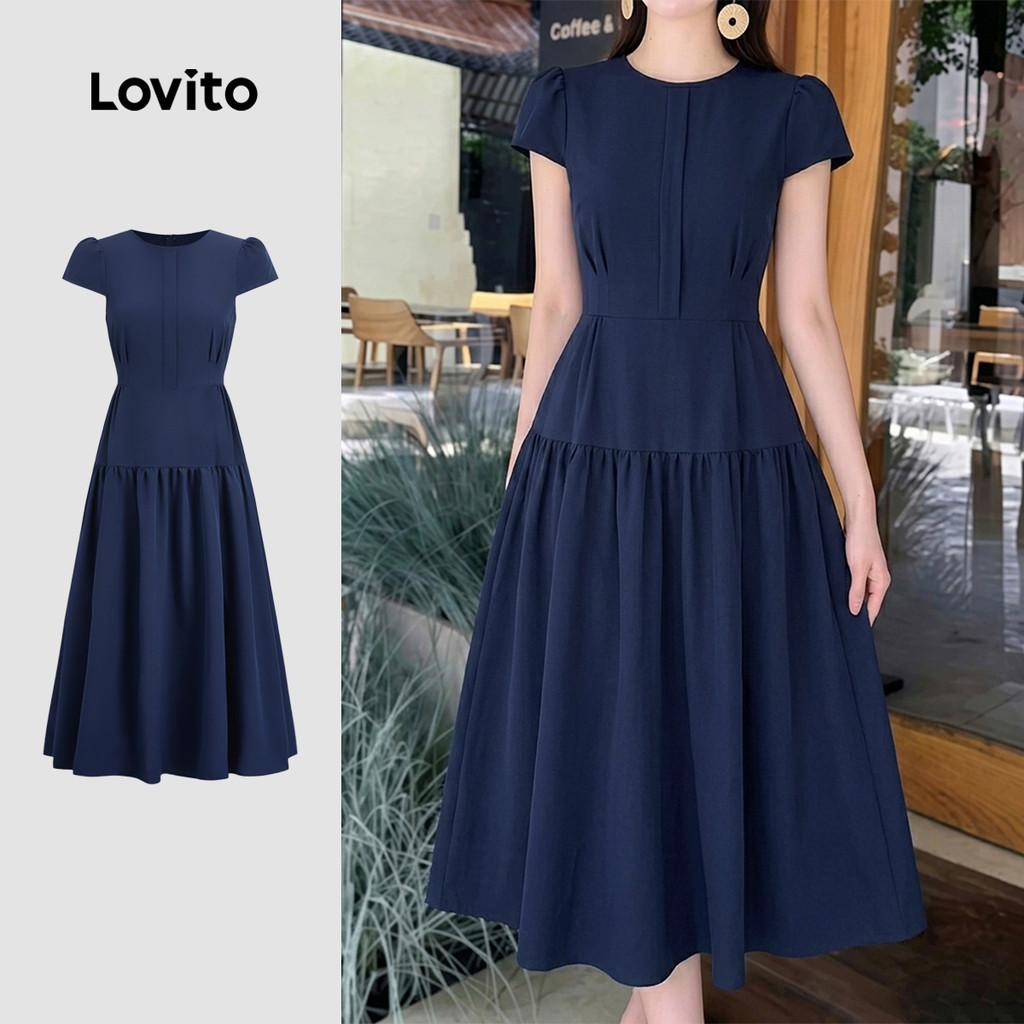 Lovito Vestido Azulmarinho Elegante com Drapeado e Linha Estrutural para para mulheres DRB200TD306
