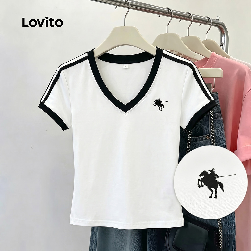 Lovito Camiseta Casual Branca com Blocos de Cor para a Primavera/verão para mulheres TSB198P1D375