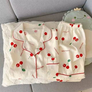 Pijama Feminino de Algodão Cereja Colud, Roupão de Dormir de Verão Macio de Manga Curta para Mulheres BFLS
