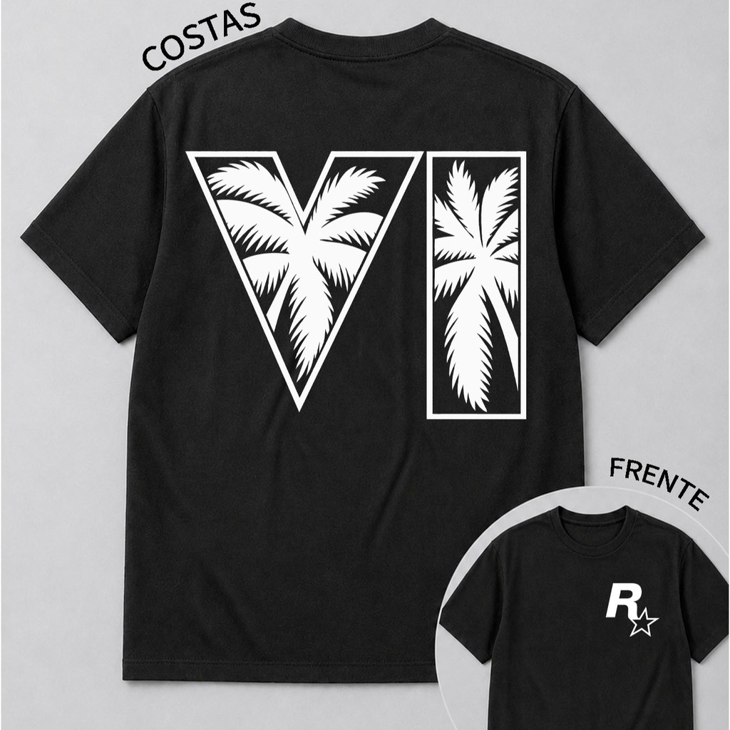 Camiseta GTA 6 Vice City Logo Palmeira Retrô Gamer Nerd 100% Algodão Masculino Feminino Unissex