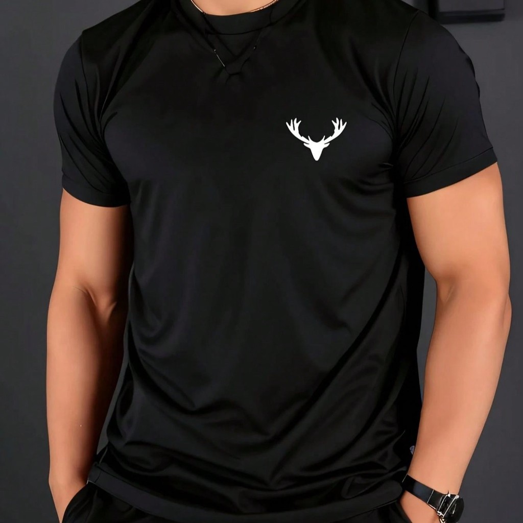 Camiseta Masculina Estampa Rena Minimalista Estilo Regular Manga Curta Estampada Malha 30.1 Algodão Verão