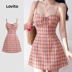 Lovito Vestido Xadrez Casual Rosa com Laço Drapeado Primavera/verão para Mulheres DRK8P1D529