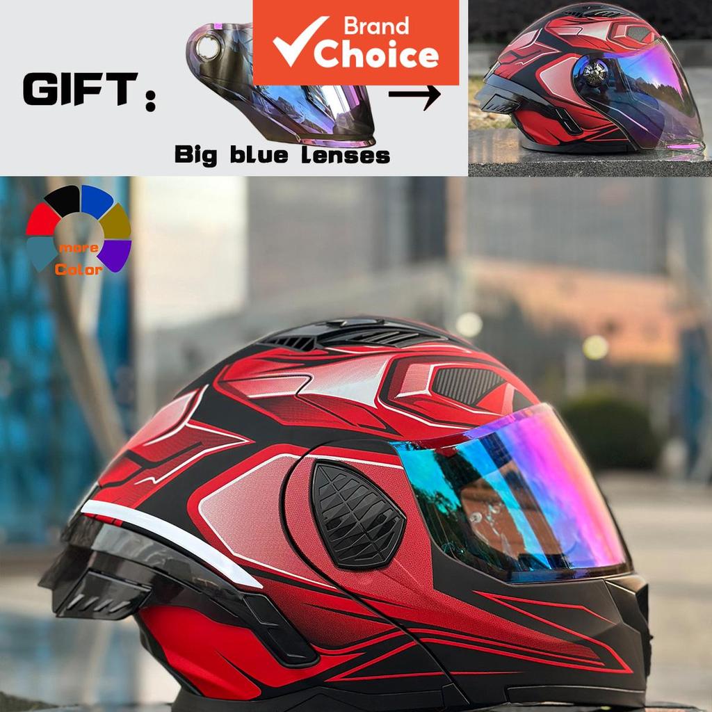 Capacete Flip-Up Certificado NBTK DOT 3 em 1 Estilo Titã Vermelho Gigante – Fechado a Aberto/3/4 | Lentes Duplas | Casco