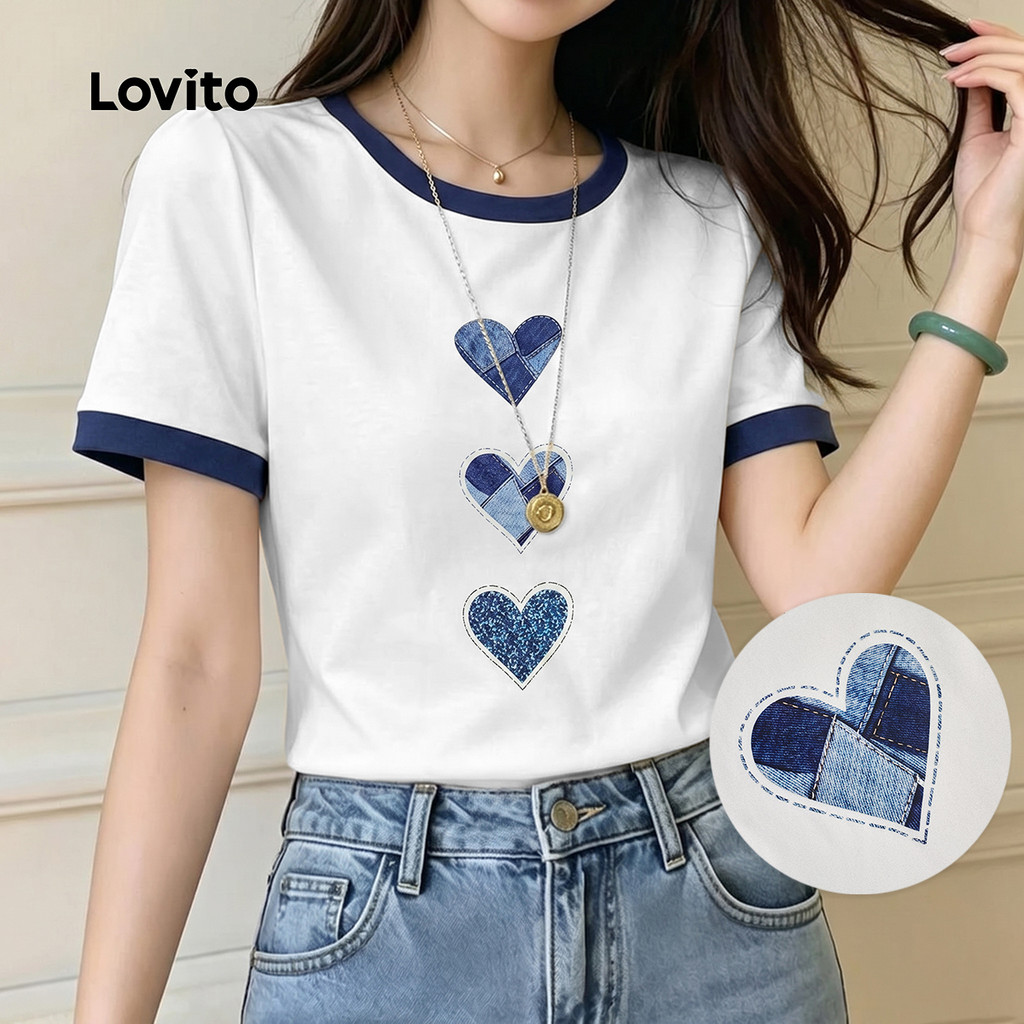 Lovito Camiseta Casual Colorida Em Bloco Coração Primavera/Verão Estilosa Branca Feminina TSB198P1D631