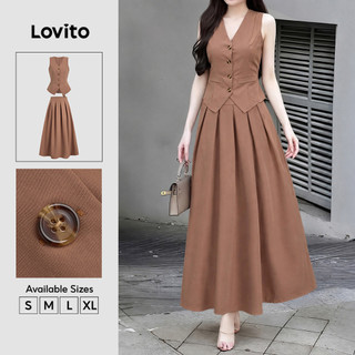 Lovito Conjunto Casual De Blusa Ou Calça Com Botões Saia Plissada Marrom Para Primavera/verão Para Mulheres KSK8BR217