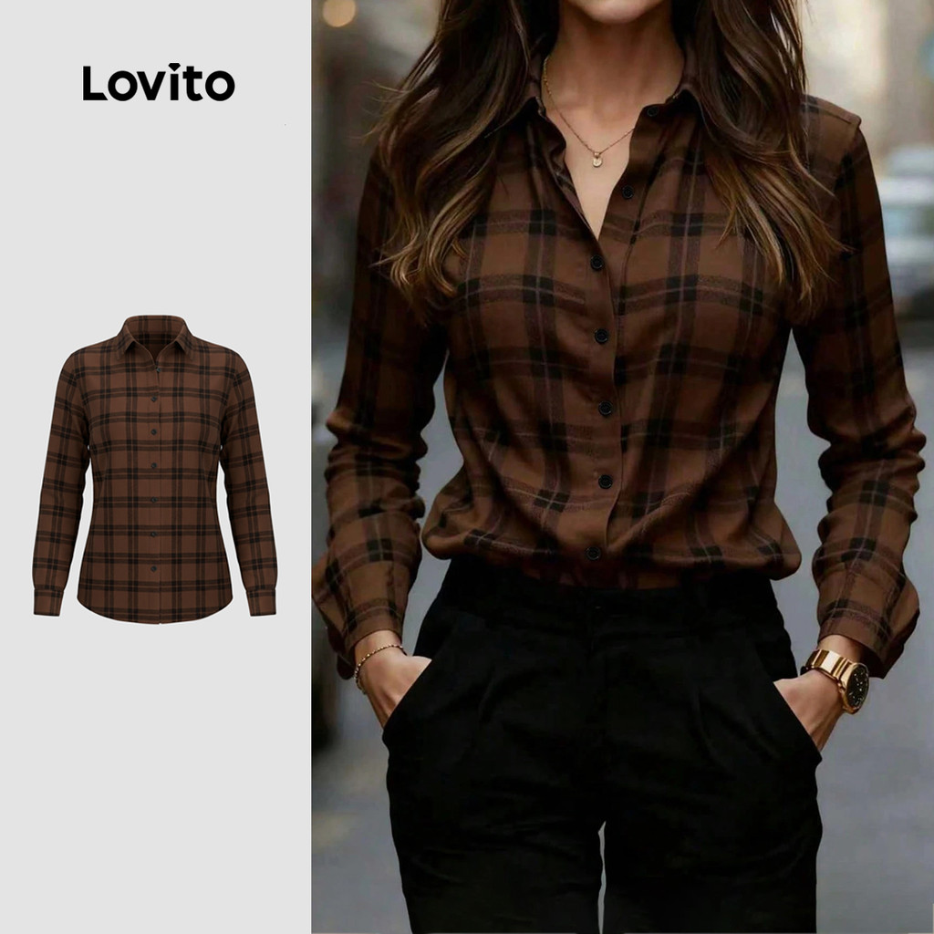 Lovito Blusa Elegante com Botões Na Frente Padrão Marrom Outono/inverno para mulheres BLK8BR165