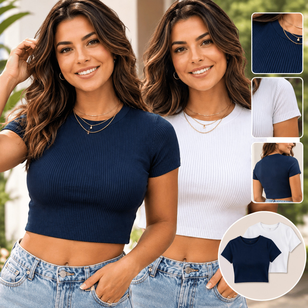 Kit 2 Cropped Feminino Blusinha Canelado Algodão com Elastano Manga Curta
