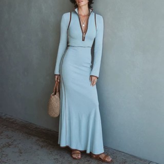2026 Vestido feminino de malha com decote em V de alta qualidade Casual com bloqueio de cores e saia longa260916A