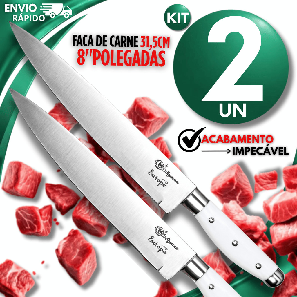 Conjunto Faca Carnes 8" Inox Acabamento Premium Carne Aves Churrasco Multiuso Utensílios Cozinha Açougues Profissional