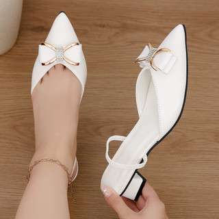 Dedo do pé apontado alça traseira sandálias de salto grosso feminino strass cinta plana sapatos femininos de salto médio