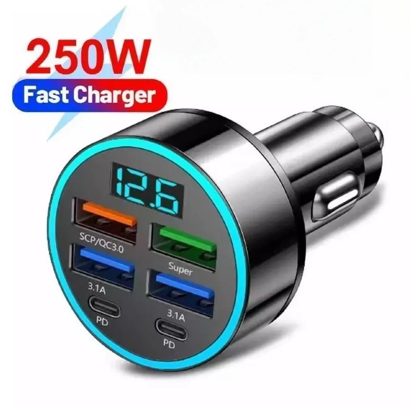 Adaptador de Carro de Carregamento Rápido 6 em 1 3.1A Display Digital Duplo Tipo C para Smartphones, Tablets e Power