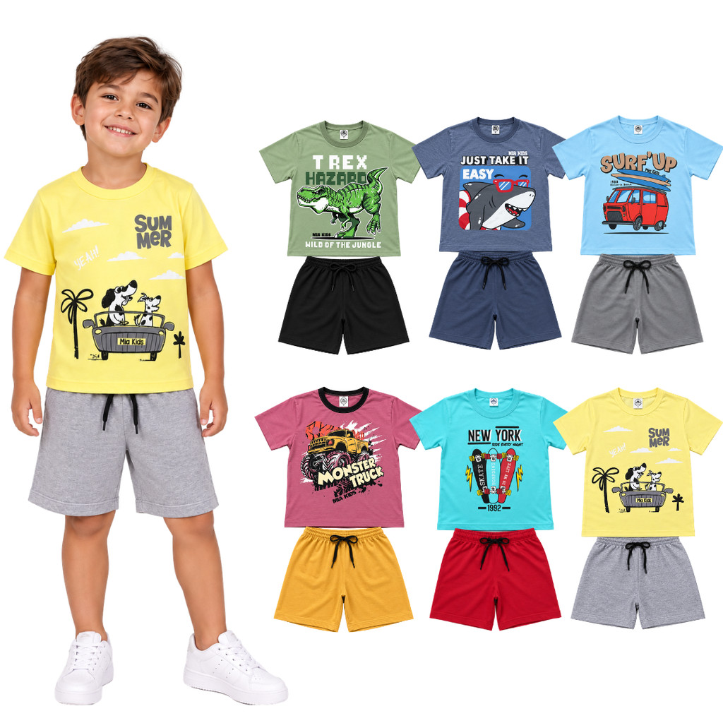 Kit 8 Peças de Roupas Juvenil Menino - Camiseta + Bermuda Kit 4 Conjuntos de Roupa Verão Masculino