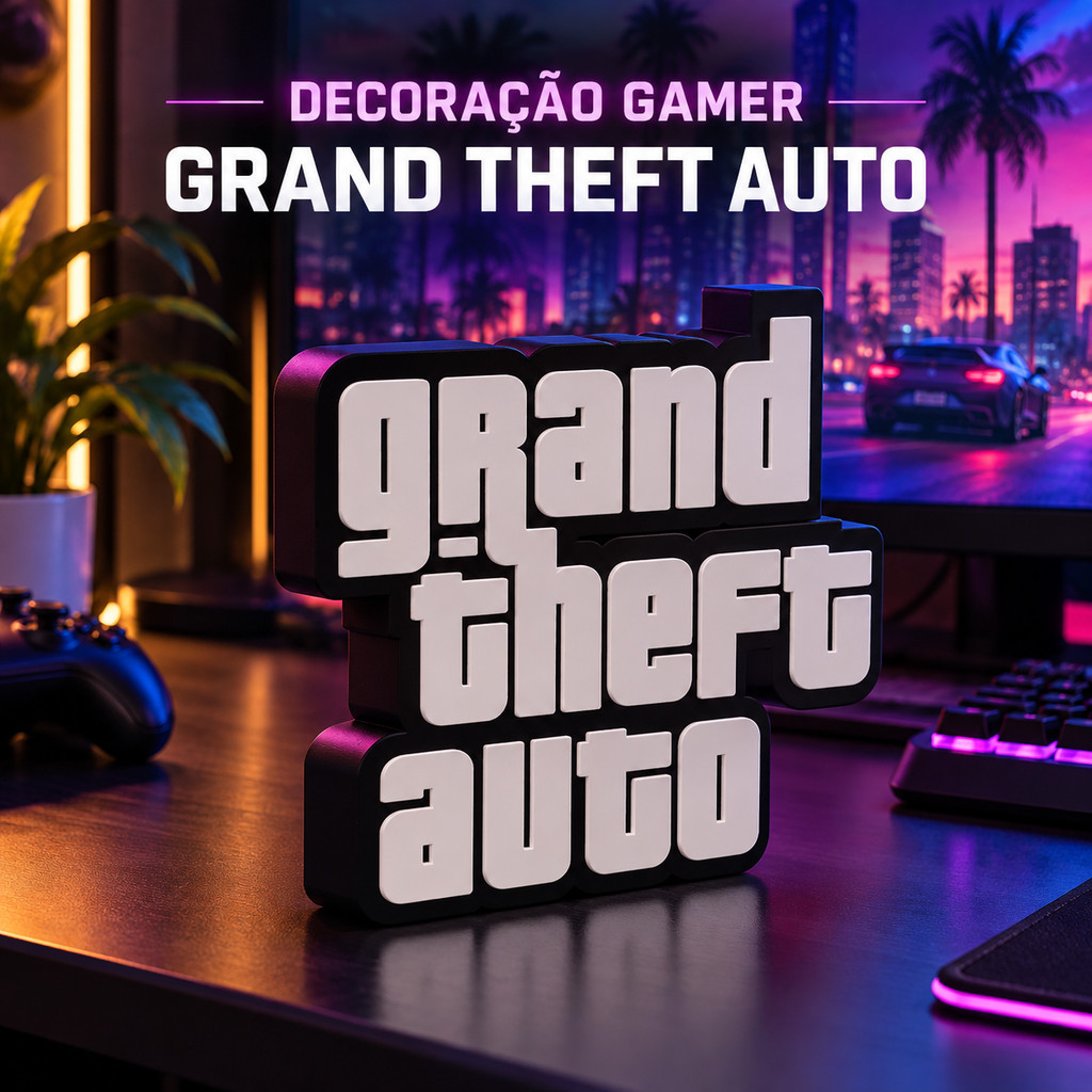 Placa Letreiro Grand Theft Auto GTA Decorativa Gamer Setup Quarto Geek Rockstar