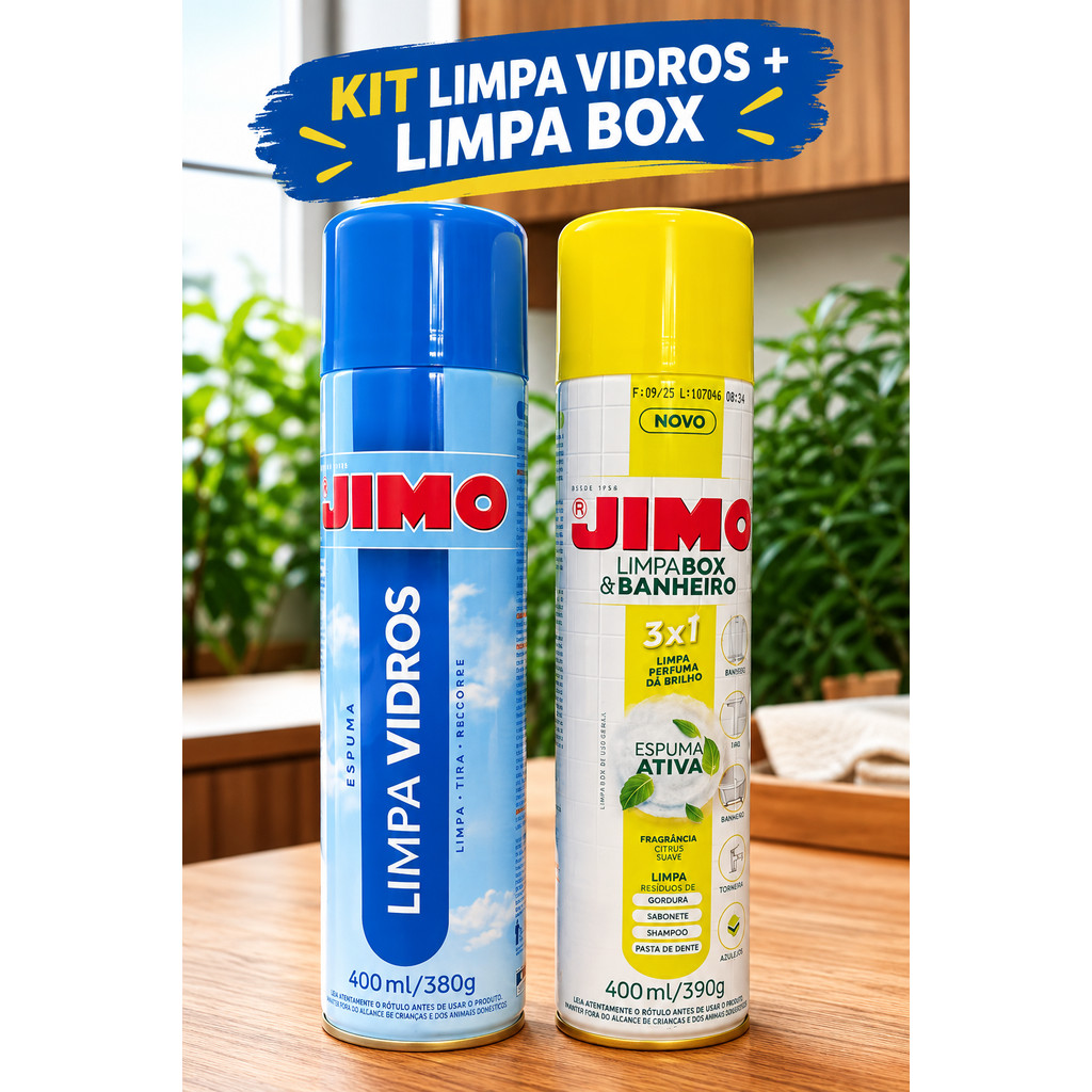 Kit Limpeza JIMO Limpa Vidros 400ml + Limpa Box e Banheiro – Remove Gordura, Limpa Metais, Rejunte e Pia