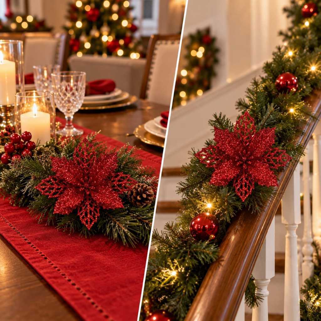 Kit 10 Flores Natalinas 10cm com Clipe para Árvore de Natal Guirlanda Festão e Decoração