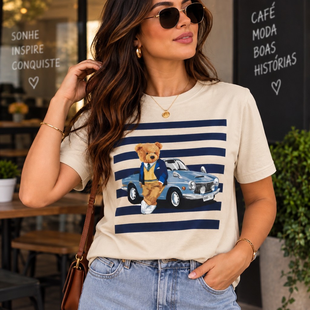 Camiseta Feminina Urso Vintage Carro Clássico Estampada Algodão Casual Estilosa premium