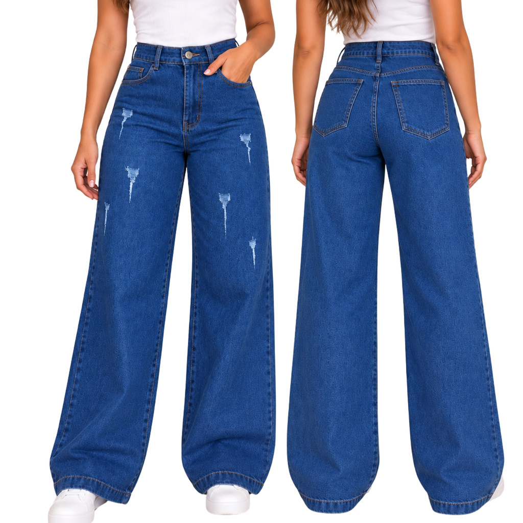 Calça Jeans Wide Leg Feminina Cintura Alta Perna Larga 36 ao 46 Pantalona Jeans Feminina Wide Leg