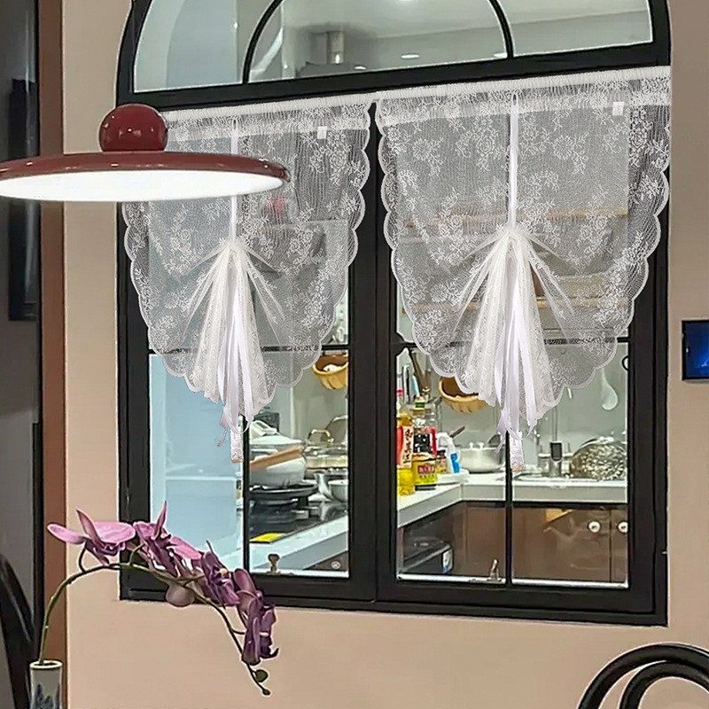 Cortina sem perfuração, varanda, cozinha, mesa de centro, renda, meia cortina francesa