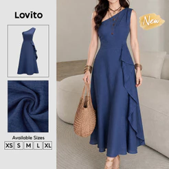 (New Arrival) Lovito Vestido Feminino Azul Escuro Elegante Babados Ombros Nus Longo evasê Trabalho primavera/verão DRB205P2D711