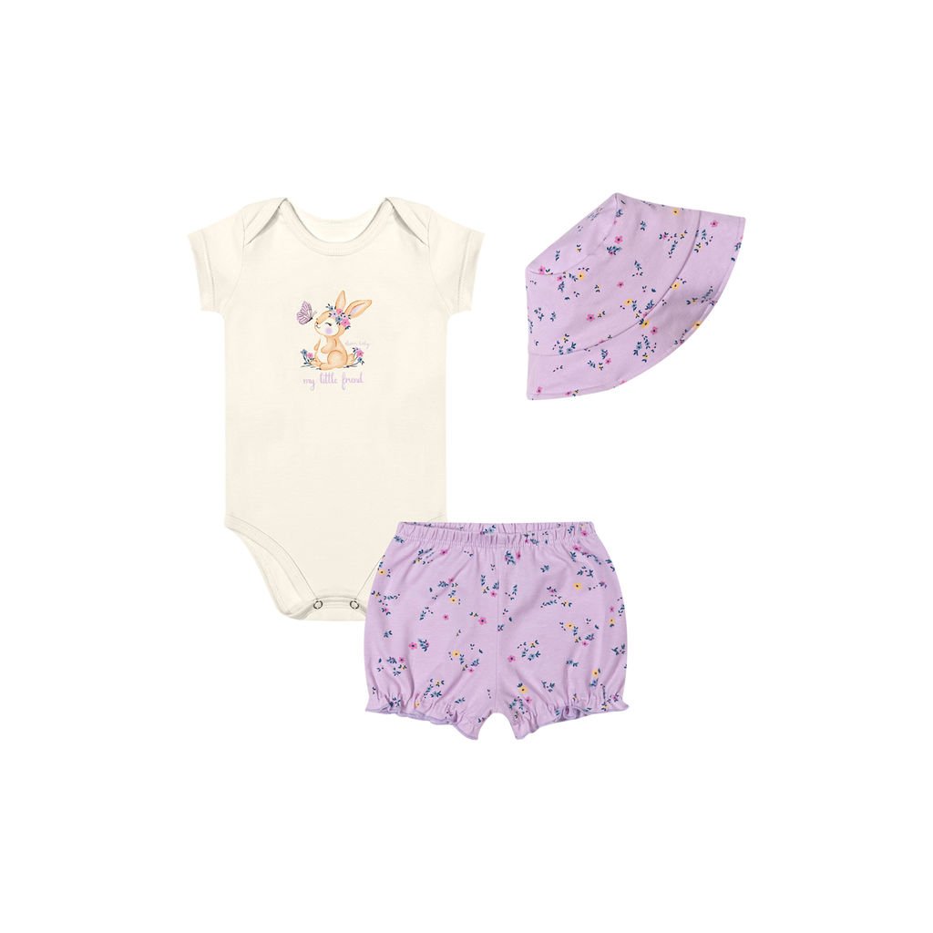 Kit Bebê Menina Estampado Com Chapéu Elian Bege