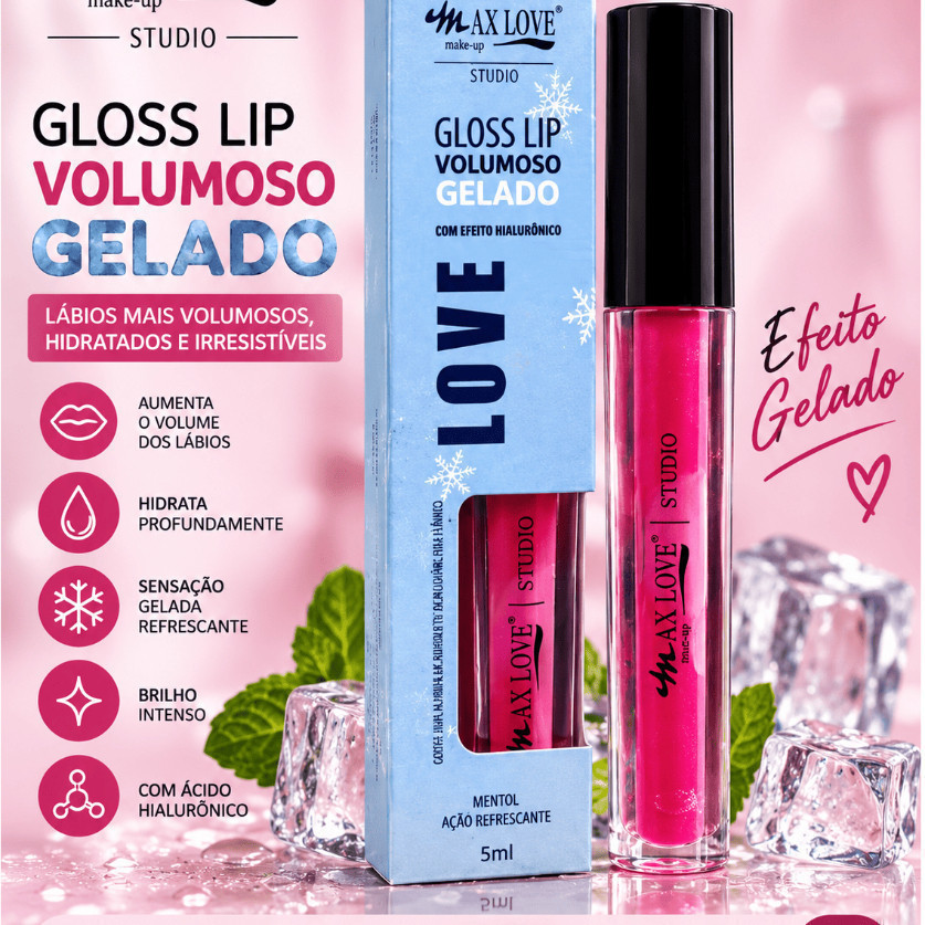Lip Gloss Volumoso Gelado Love Lips – Brilho Labial com Efeito Refrescante para Lábios Destacados e Maquiagem Perfeita