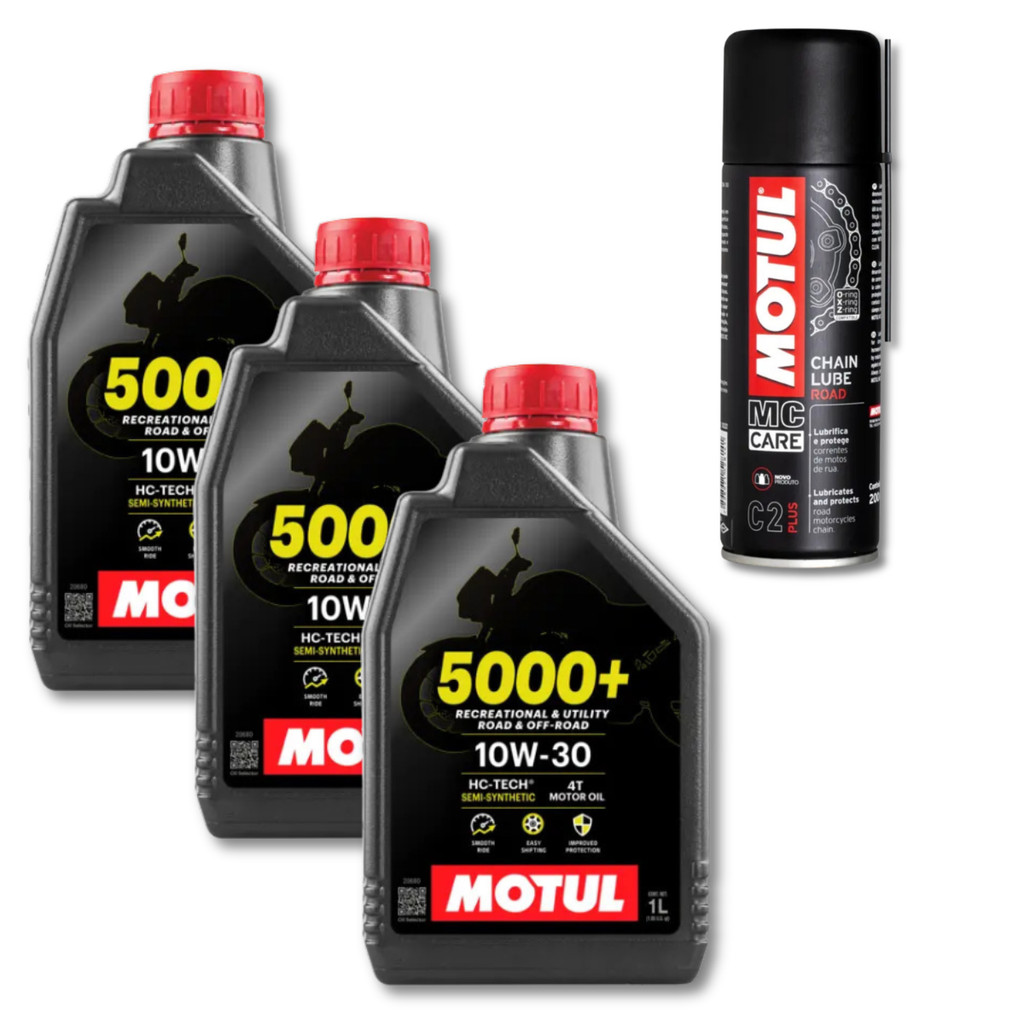 3 LITROS ÓLEO DE MOTOR PARA MOTO MOTOCICLETA MOTUL 5000+ 10W30 SEMI SINTÉTICO + LUBRIFICANTE DE CORRENTE MOTUL C2 200ML