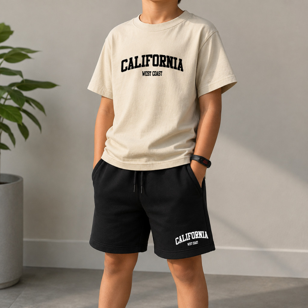 Kit Camiseta Infantil e Short Moletinho Masculino + Relógio Brinde Lançamento
