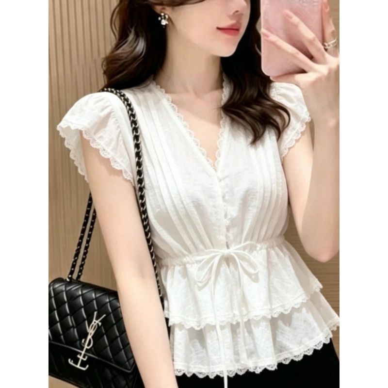 [Promoção por tempo limitado] Top de renda branca, camisa plissada de verão com cadarço elegante e babados de cintura es