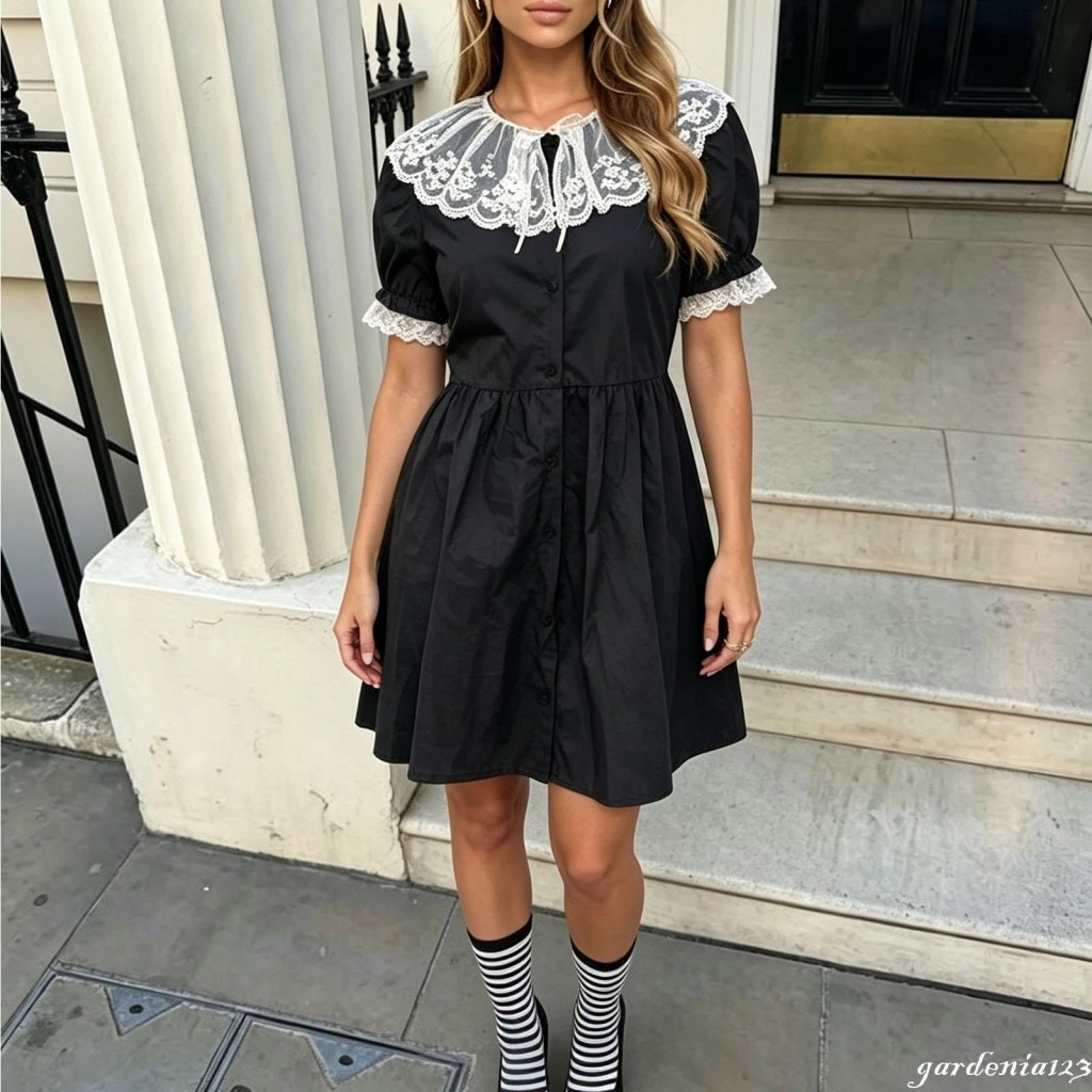 [GaDn] Vestido Feminino De Manga Curta Com Acabamento Em Renda Evasê Vestidos Curtos Botões Para Uso Diário