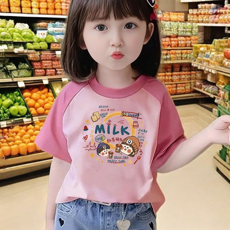 Meninas puro algodão de manga curta camiseta verão 2026 novo estilo crianças versão coreana solta estilo ocidental dos d